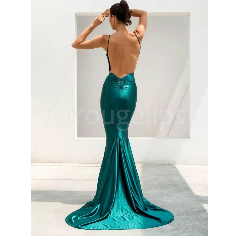 Green Deep V Neck Backless Ruched Long Gown Slip Sheath Dress - Picture 5 of 12